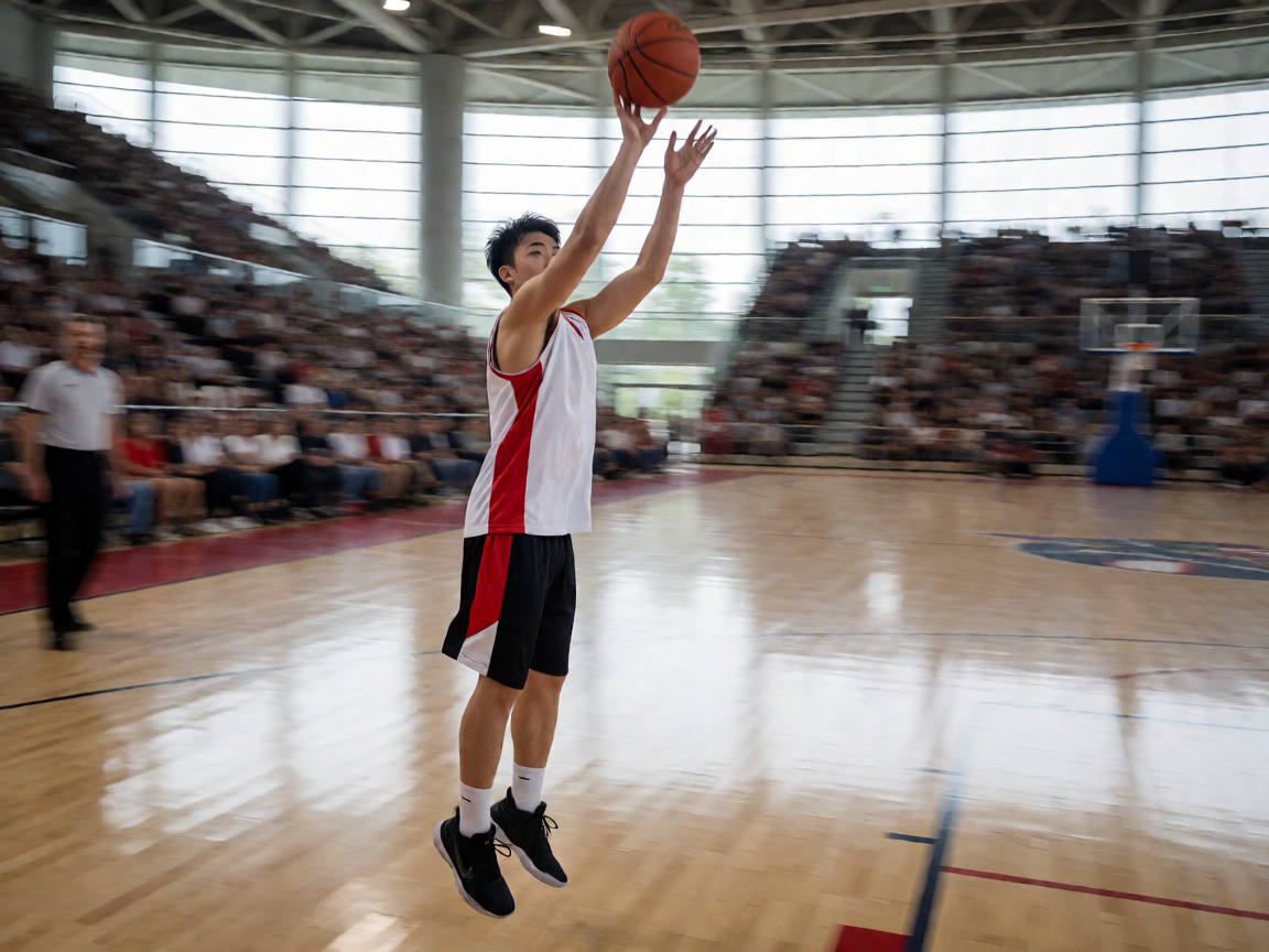 NBA篮球比赛中球员起跳投篮的瞬间