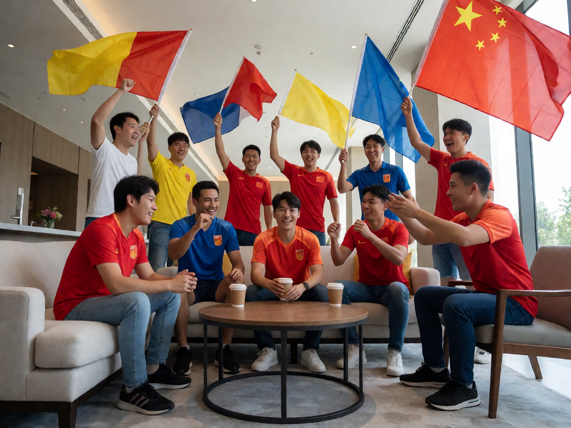 球迷社区交流场景，支持者挥舞旗帜庆祝